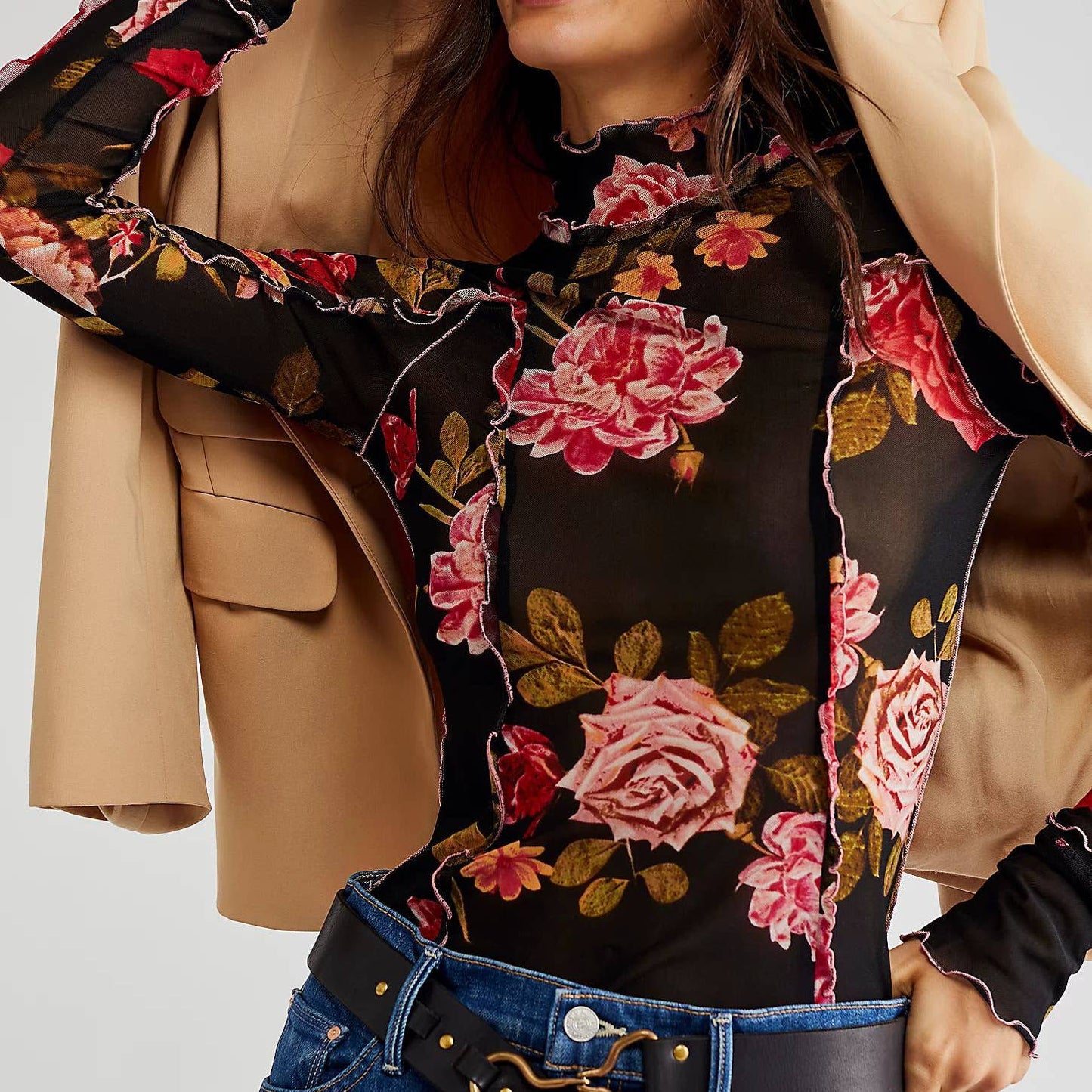 Slim-Fit Sheer Botanical Floral Print Turtleneck Top