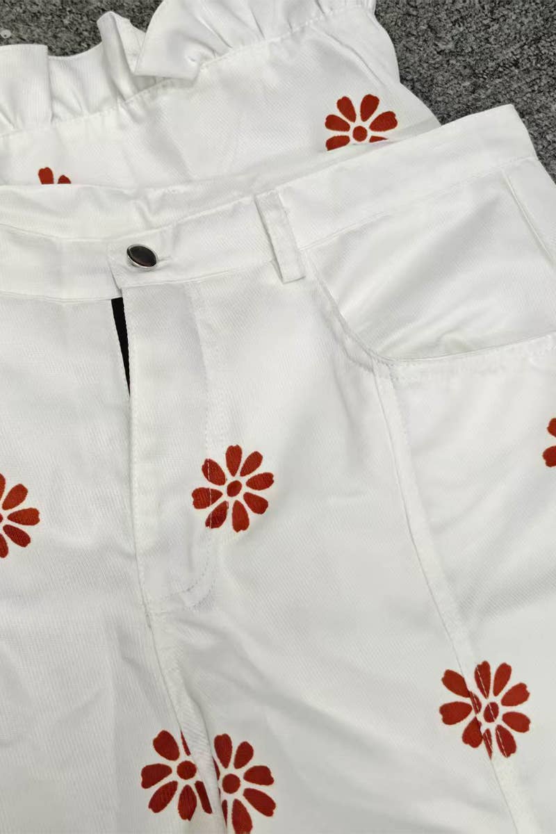 Floral Ruffle Hem Wide Leg Casual Pants