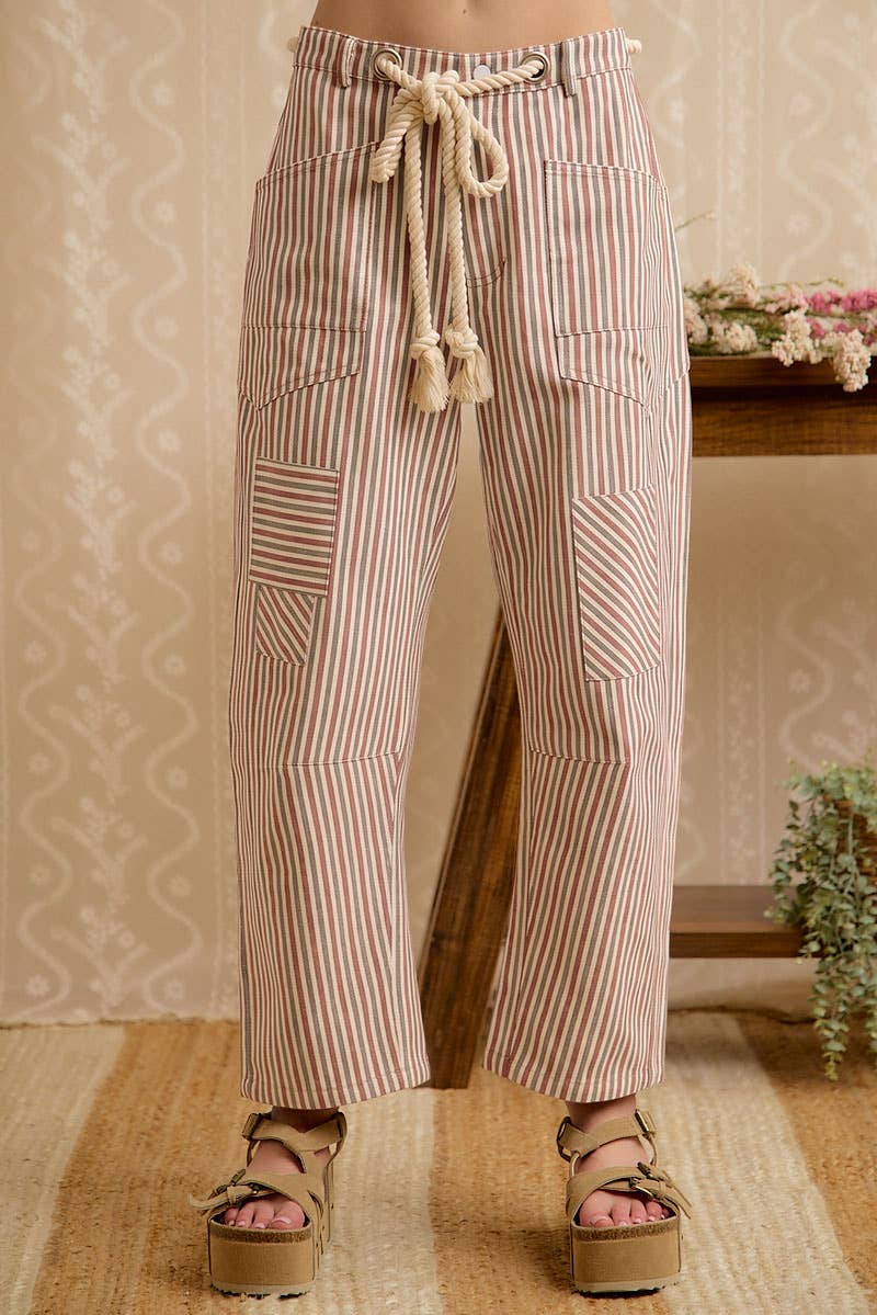 WOMEN WIDE LEG STRIPED DRAWSTRING PANTS
