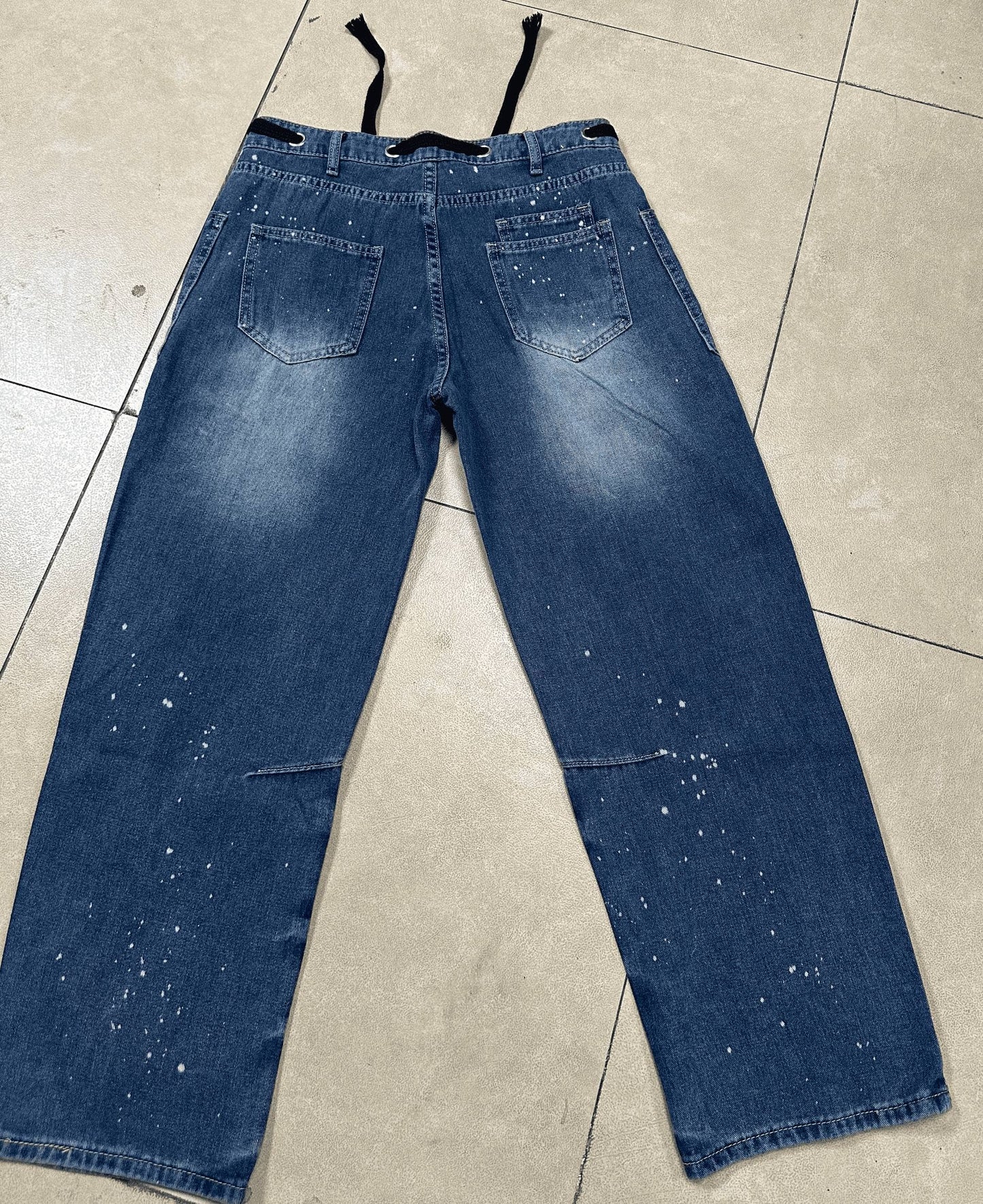 Western chic drawstring patchwork wide-leg jeans