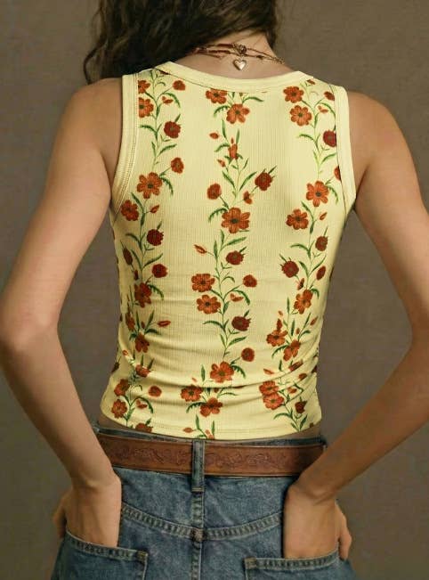 Boho Retro Floral Print Ribbed Knit Slim-Fit Tank Tops