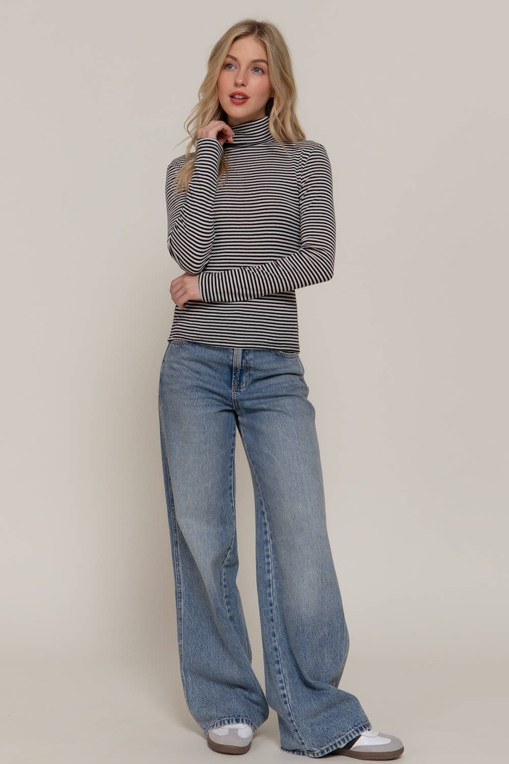 Long Sleeve Turtle Neck Y/D Stripe Top