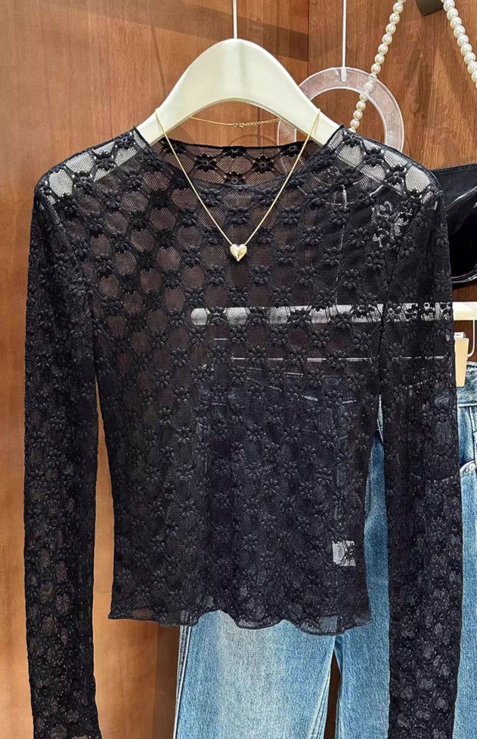 Sheer Mesh Diamond Floral Lace Layering Fitted Crew Top