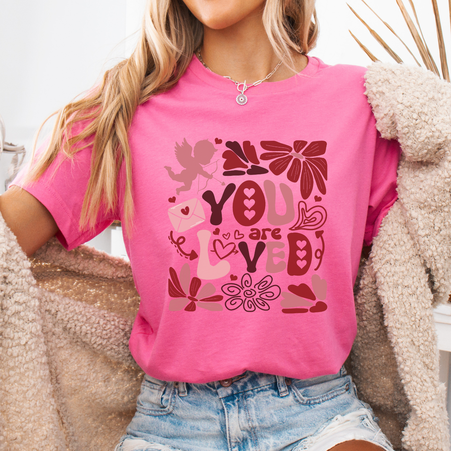 Cupid you are loved Valentine's Day t-shirt, Pink red floral