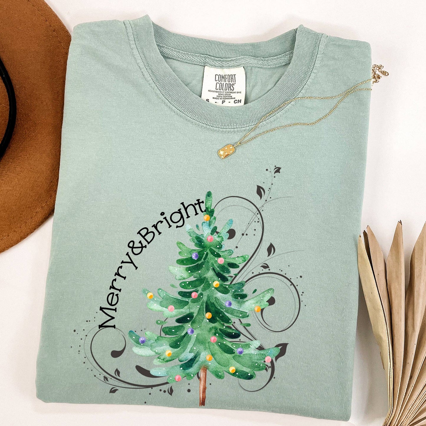 Merry and Bright, Colorful Christmas Tree, Swirls Tshirt