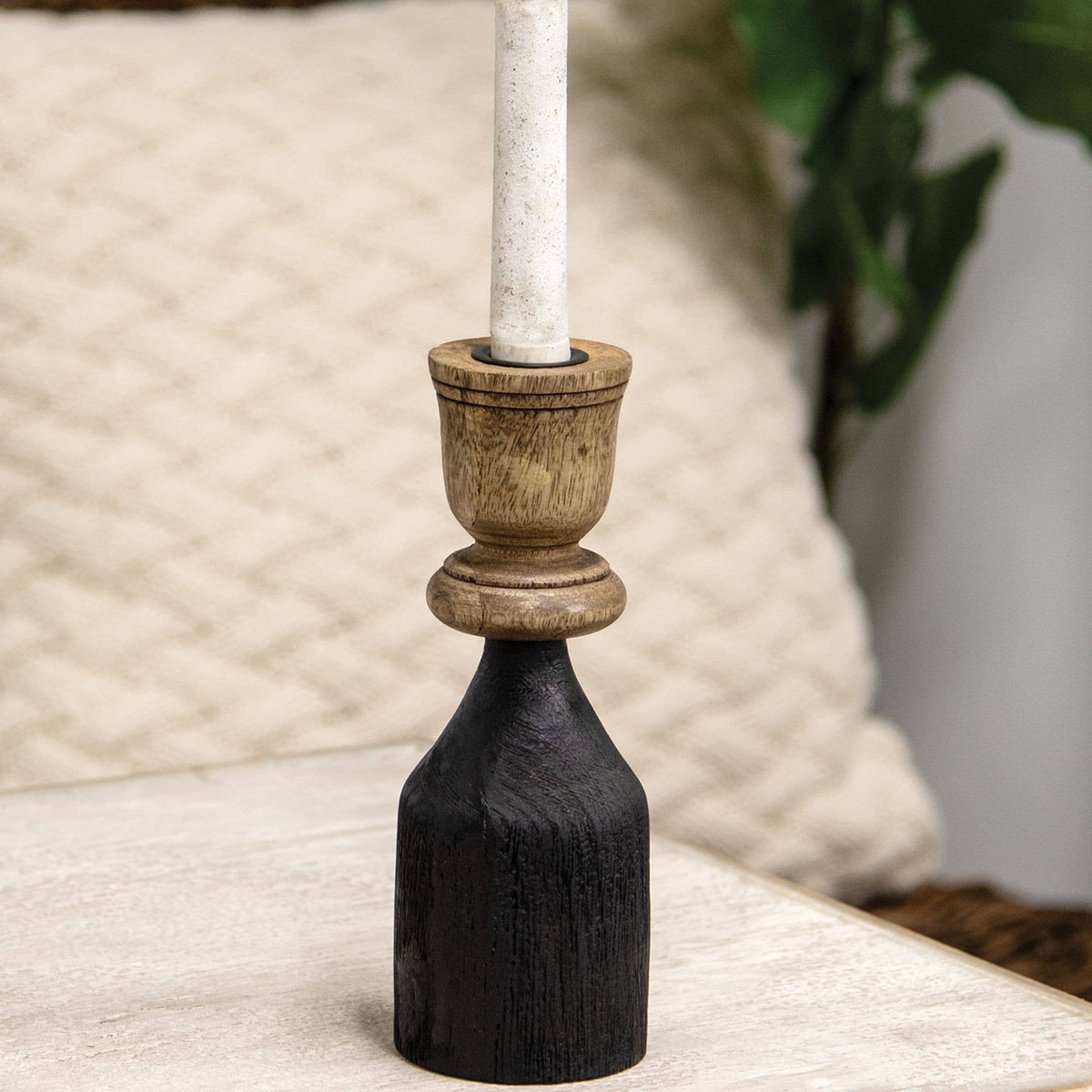 Black & Natural Wood Taper Candle Holder, 8.25"
