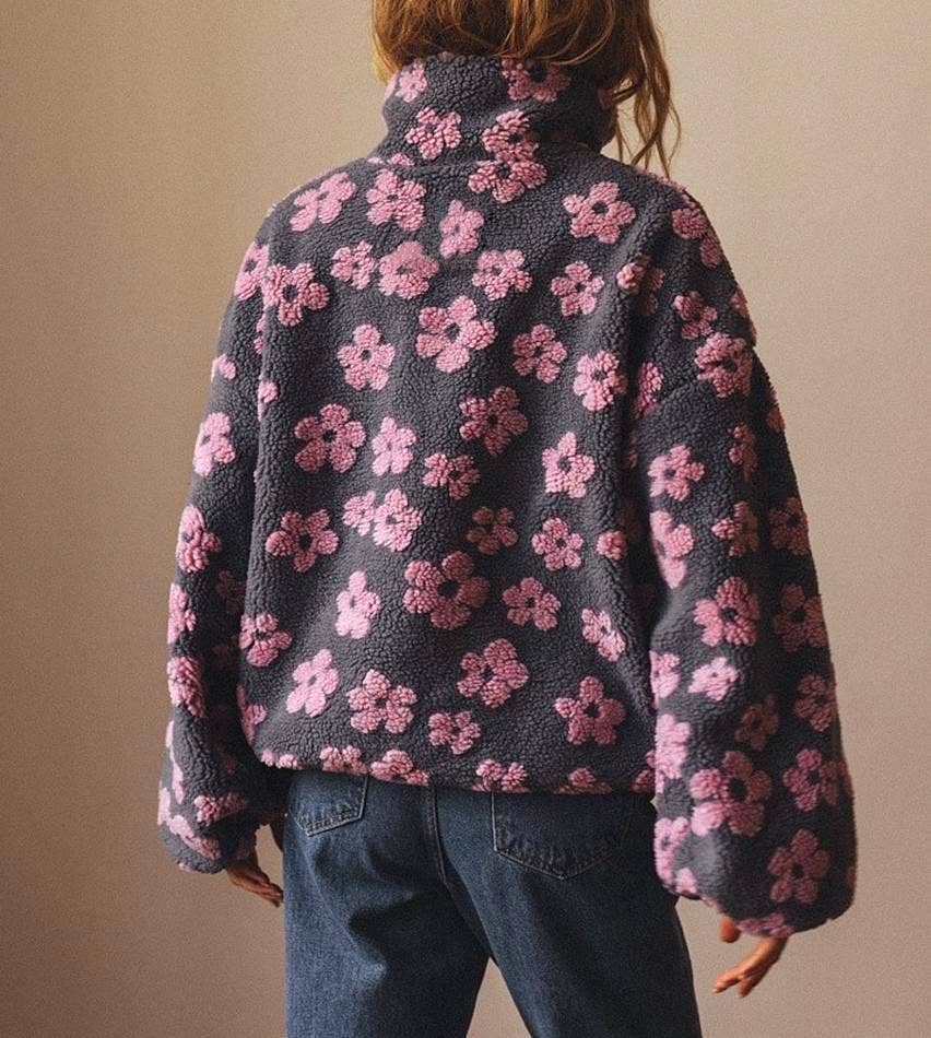 Oversized winter half-zip floral sherpa fleece sweatshirt