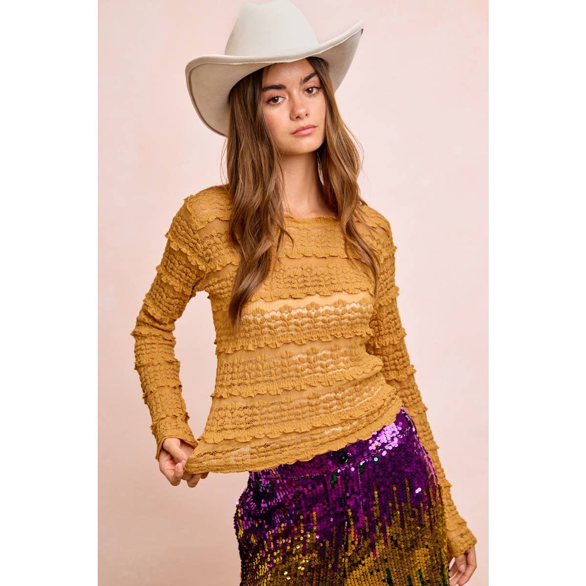 RUFFLES DETAIL MARDI GRAS COLOR FLOWER LACE TOP