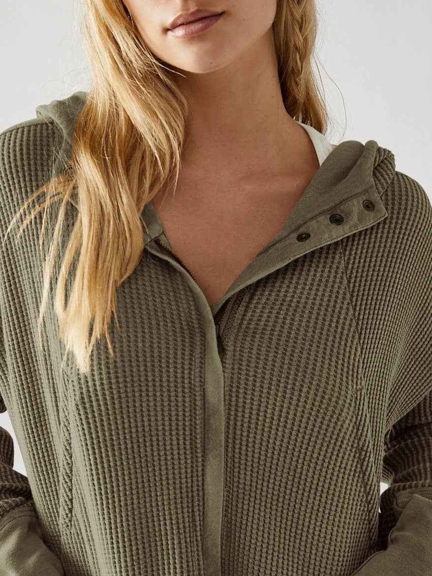 Half button zip up waffle crop hoodie sweatshirt jacket