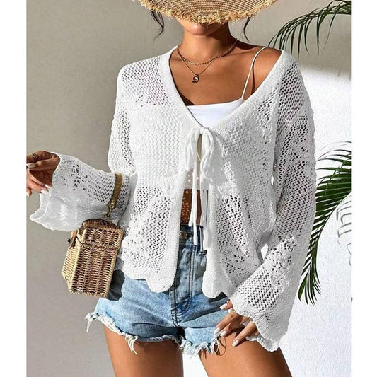 Floral Pattern Lace-Up Crochet Knit Beach Cover Top