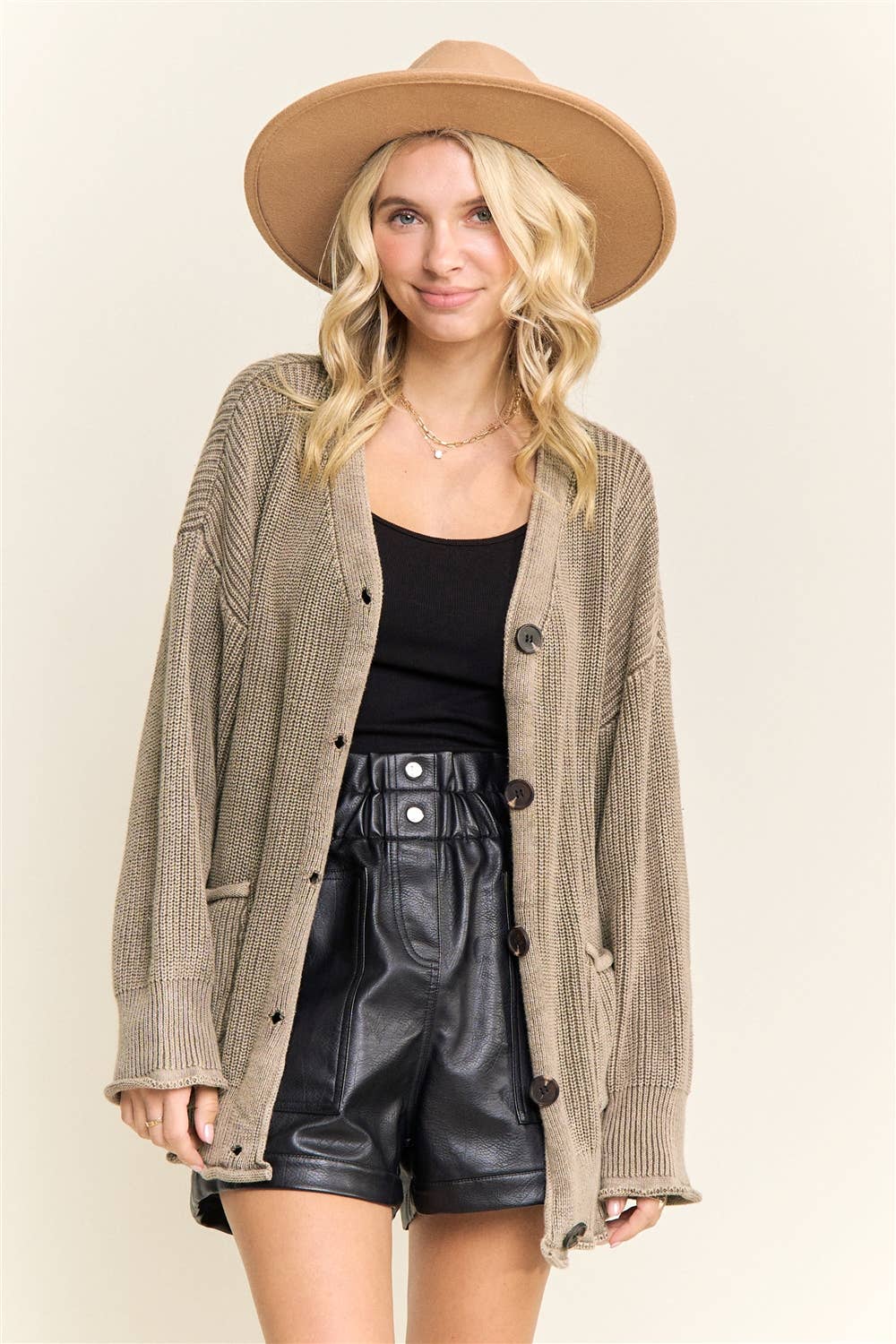 LESW3868-RIBBED BUTTON UP SWEATER CARDIGAN