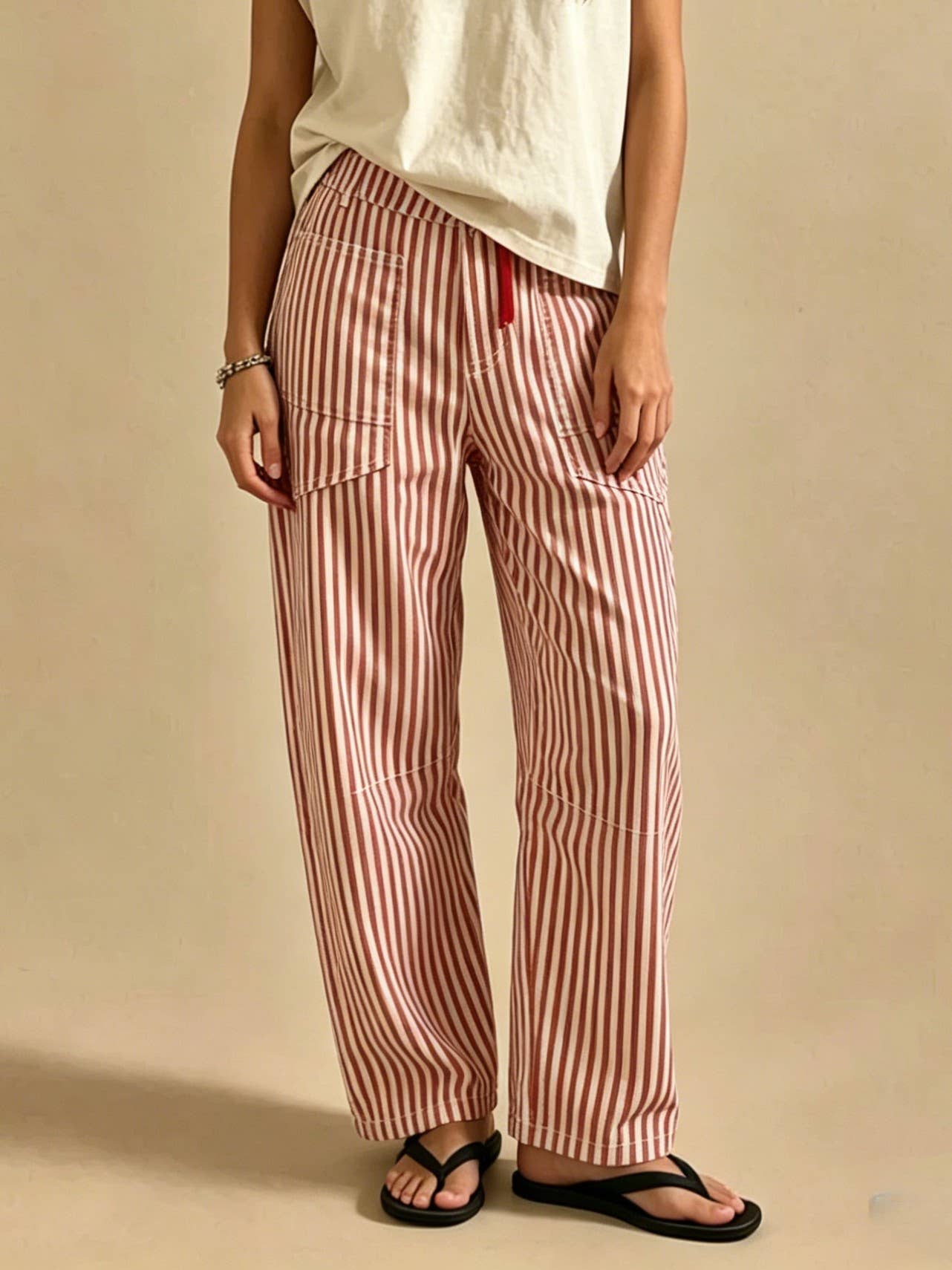 Contrast Drawstring Waist Pull-On Barrel Jeans in Stripe