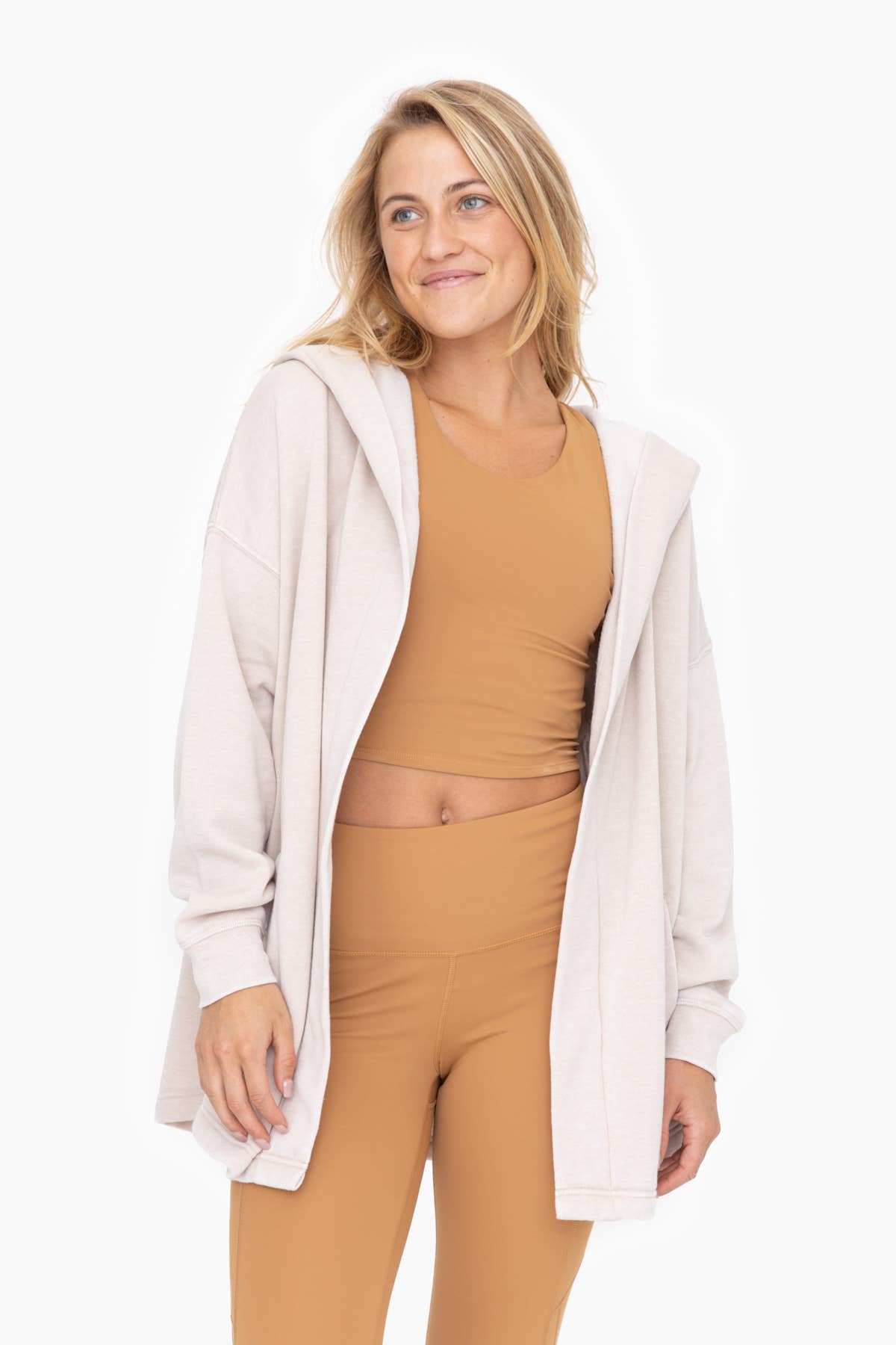 Mineral Washed Fleece Hooded Cardigan: TAN