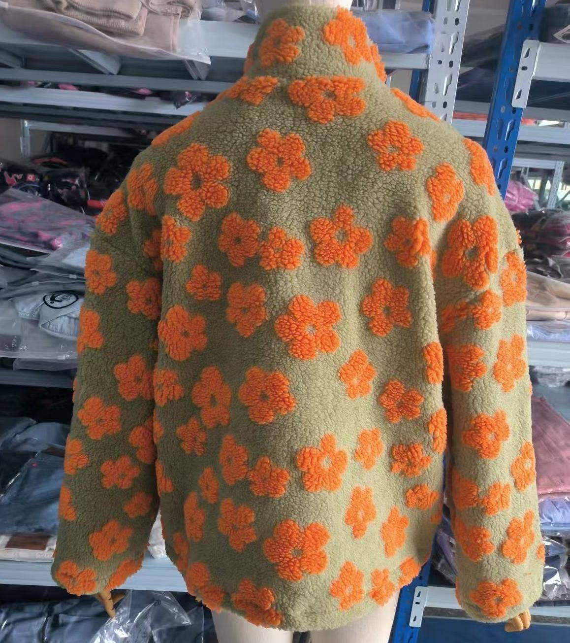 Oversized winter half-zip floral sherpa fleece sweatshirt