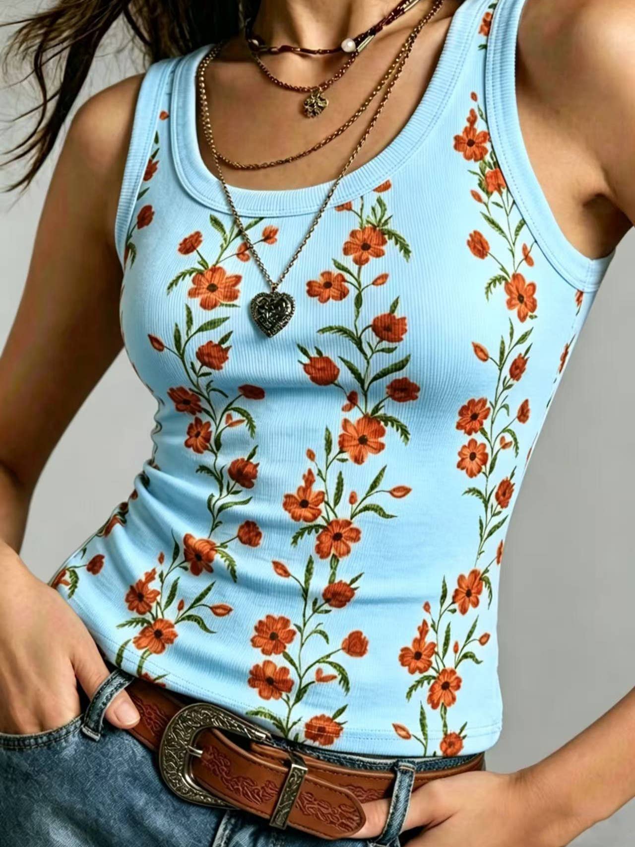 Boho Retro Floral Print Ribbed Knit Slim-Fit Tank Tops