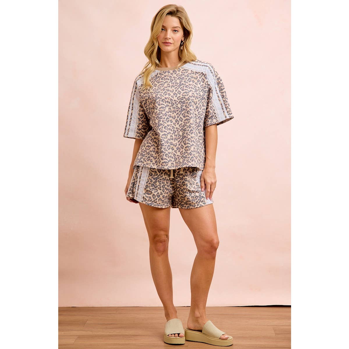 LEOPARD TERRY SIDE DRAWSTRING SHORTS
