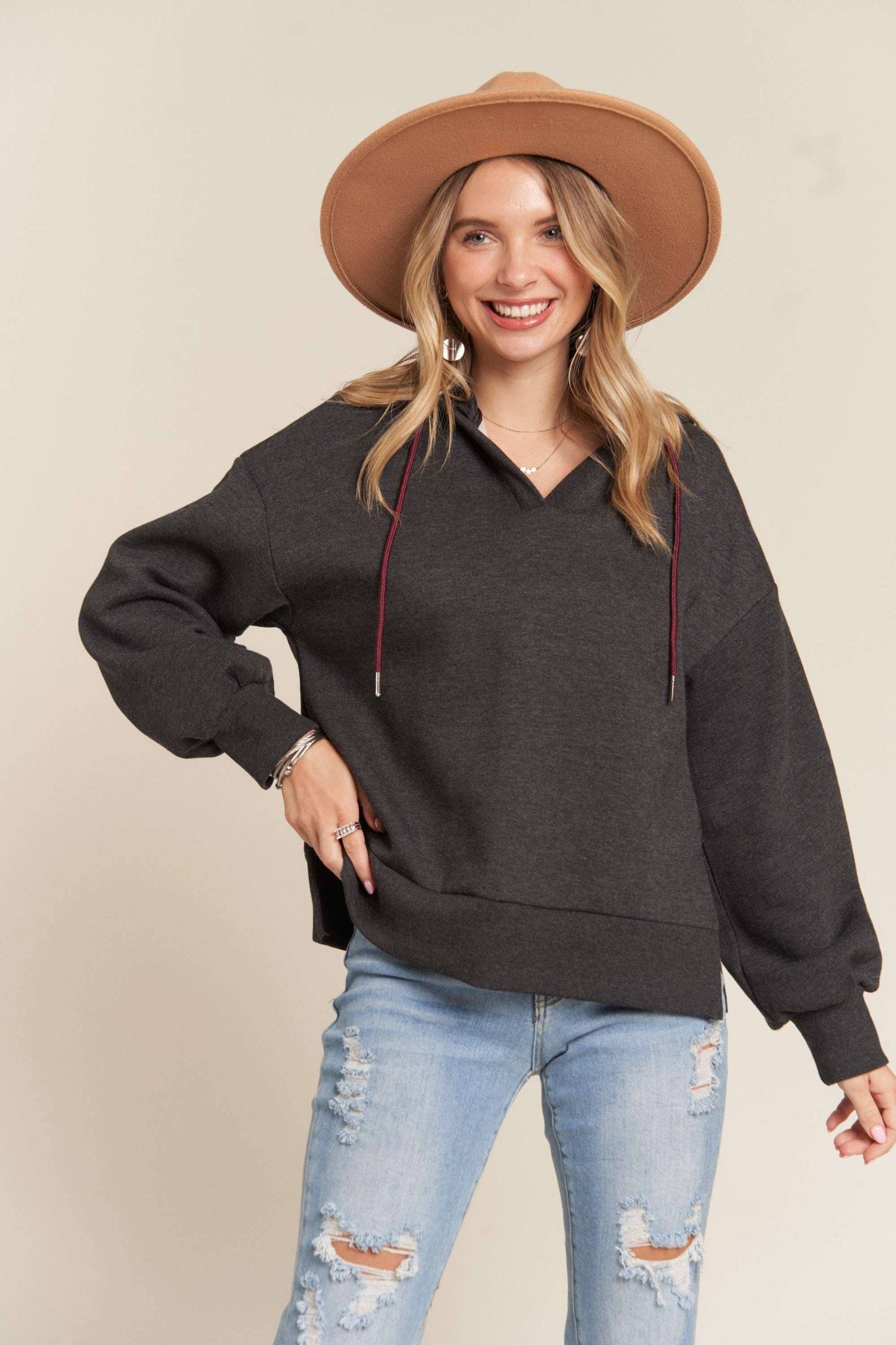 INSIDE NAPPED HOODIE TUNIC TOP