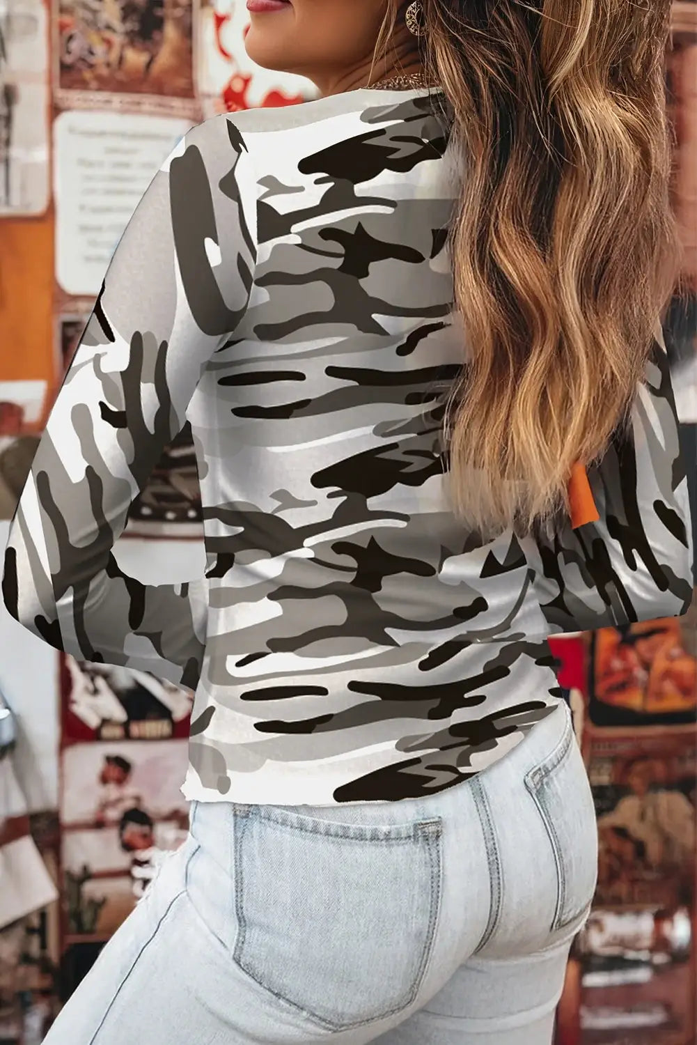 Green Western Fashion Camouflage Print Mesh Long Sleeve Top