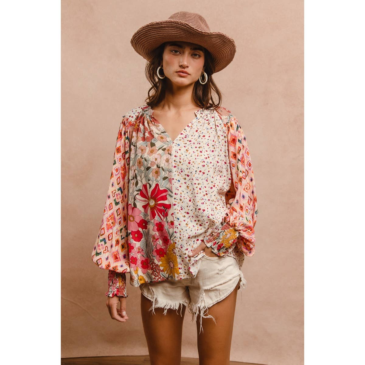 FLORAL PRINT MIX AND MATCH LONG SLEEVE PEASANT TOP