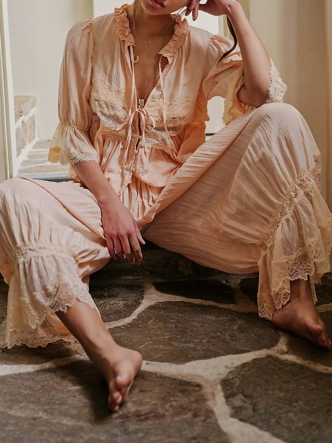 Boho vintage Victoria ancient ways tie front lace blouse