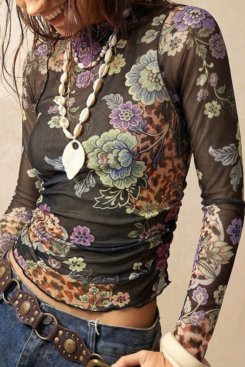Sheer Floral Mock Neck Long Sleeve Blouse