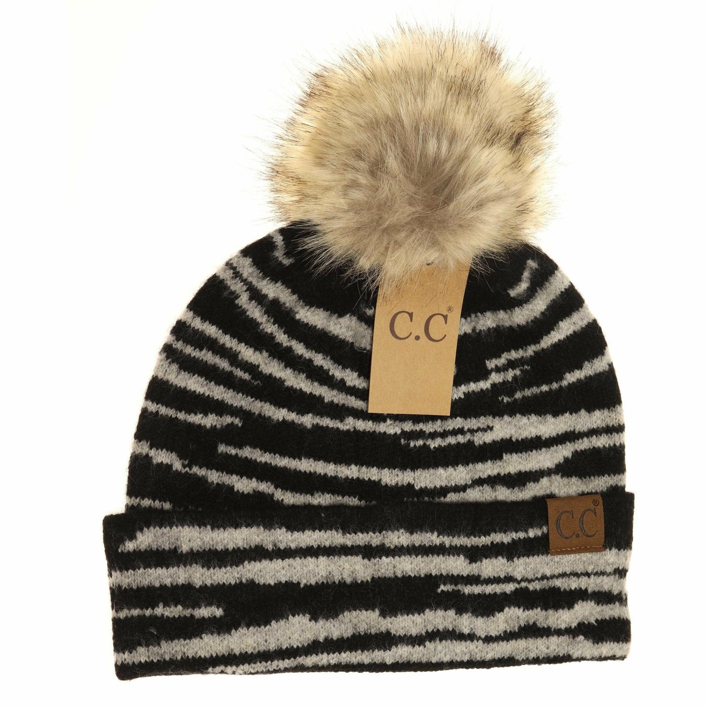 Zebra Pattern Faux Fur Pom Beanie HAT3607