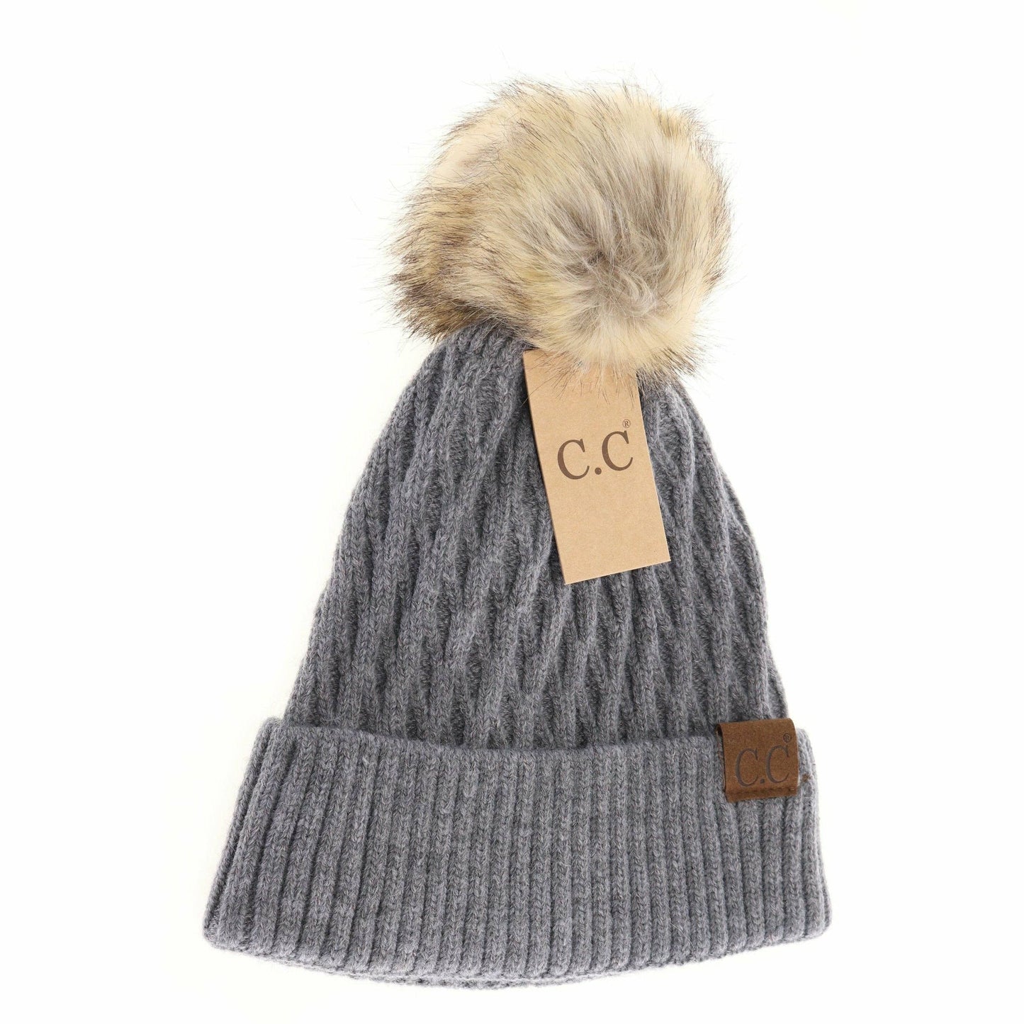 Solid Honey Comb Fur Pom C.C Beanie HAT2079