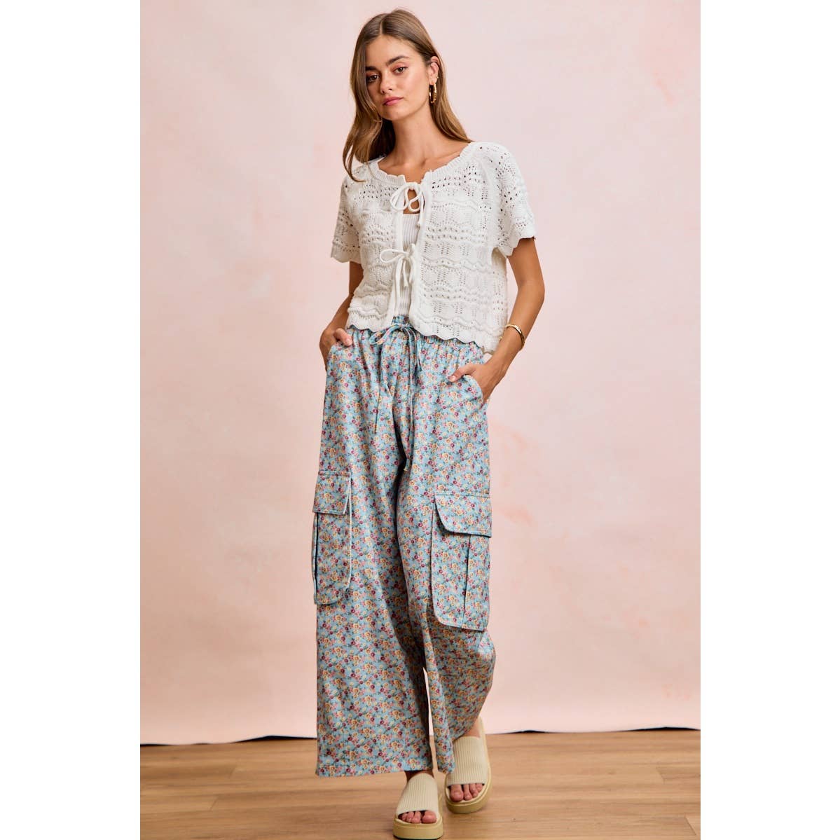 FRONT BOW TIE DETAIL POINTELLE KNIT TOP