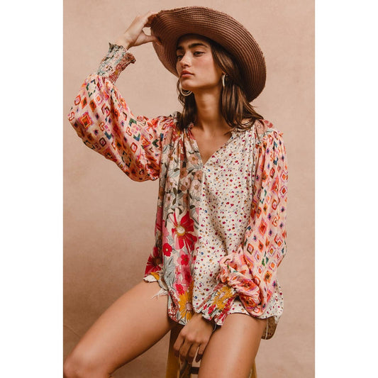FLORAL PRINT MIX AND MATCH LONG SLEEVE PEASANT TOP