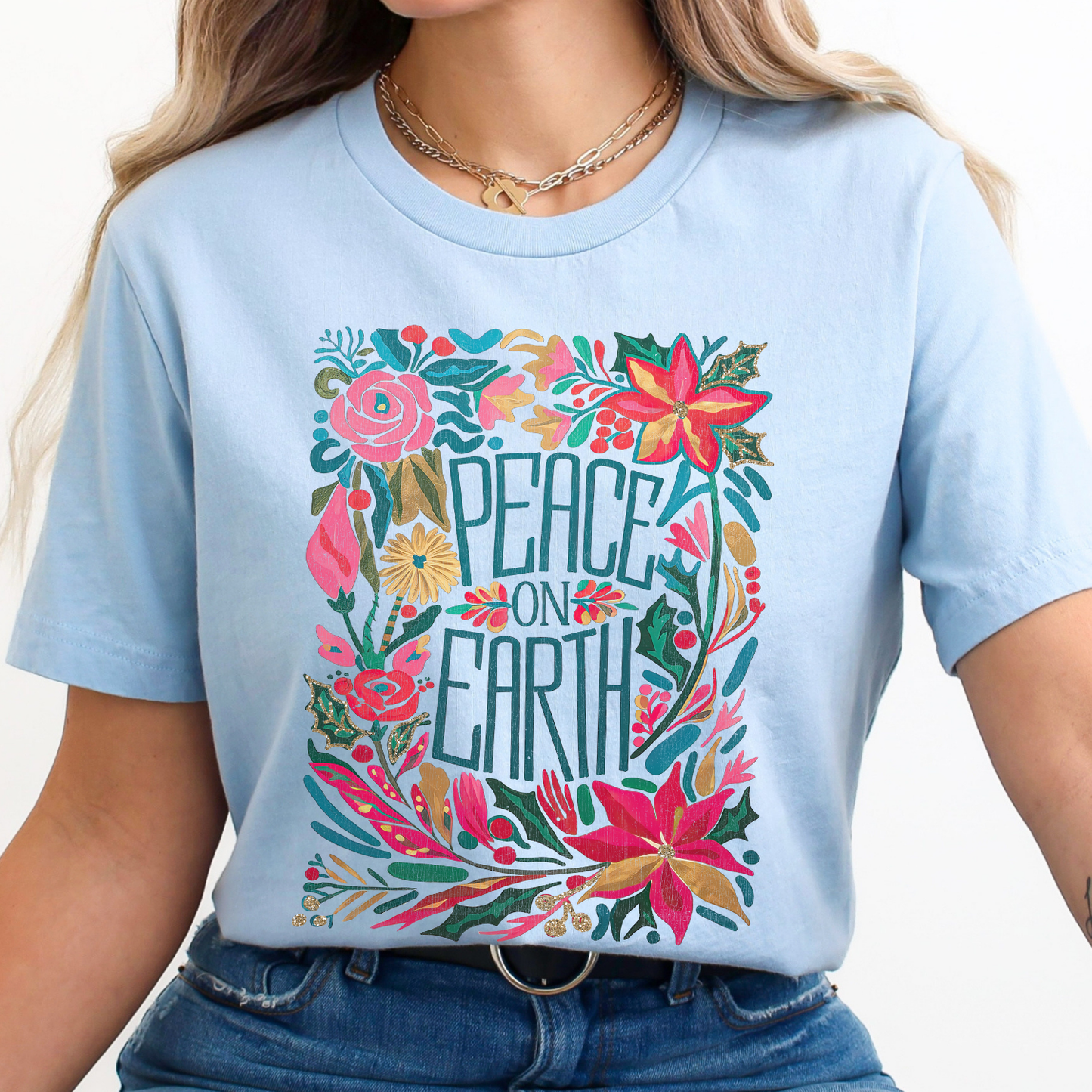 Peace on Earth floral Christmas graphic t-shirt, Holiday top