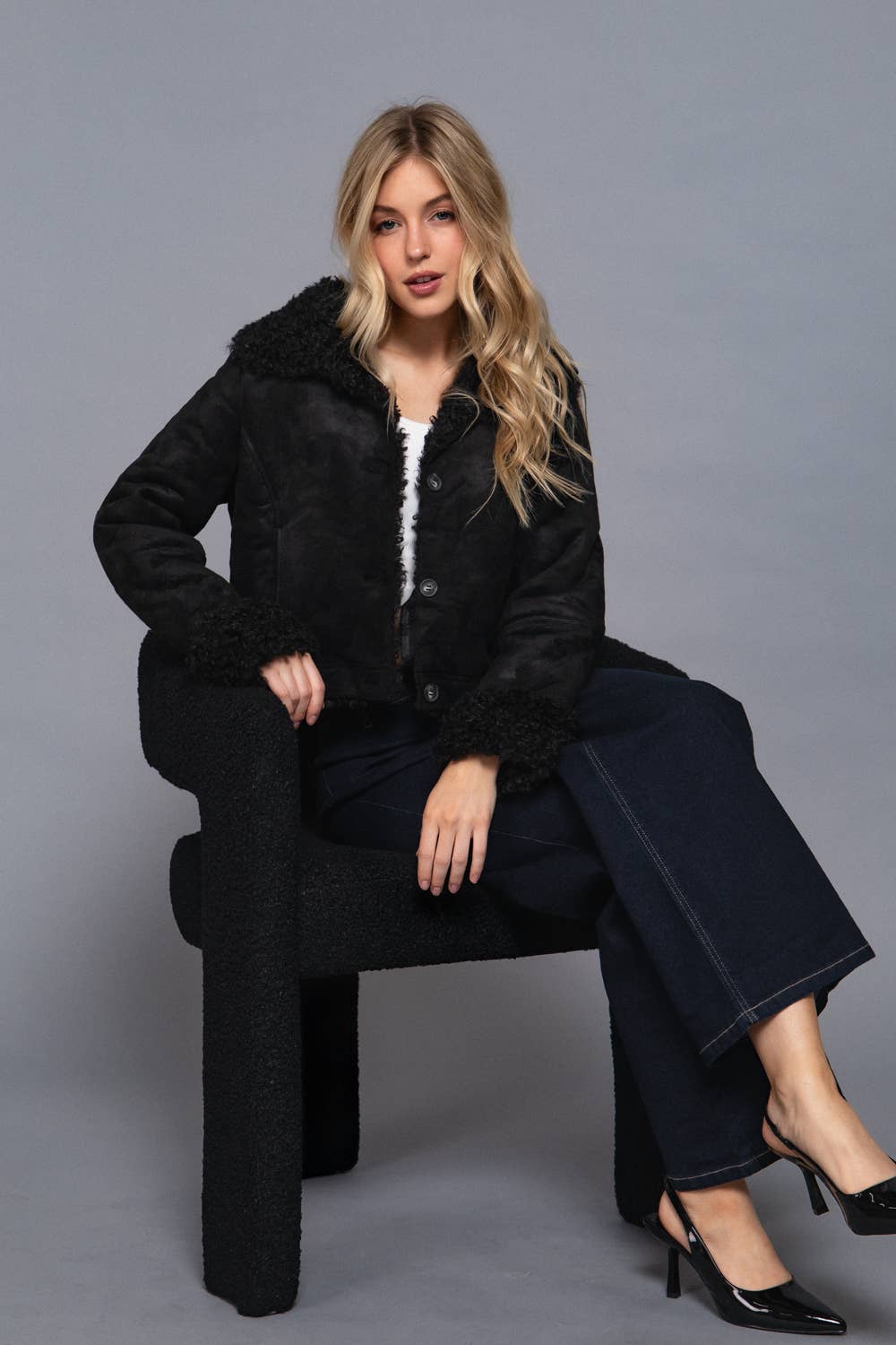 Long Sleeve Inside Fur Detail Penny Lane Suede Short Jacket