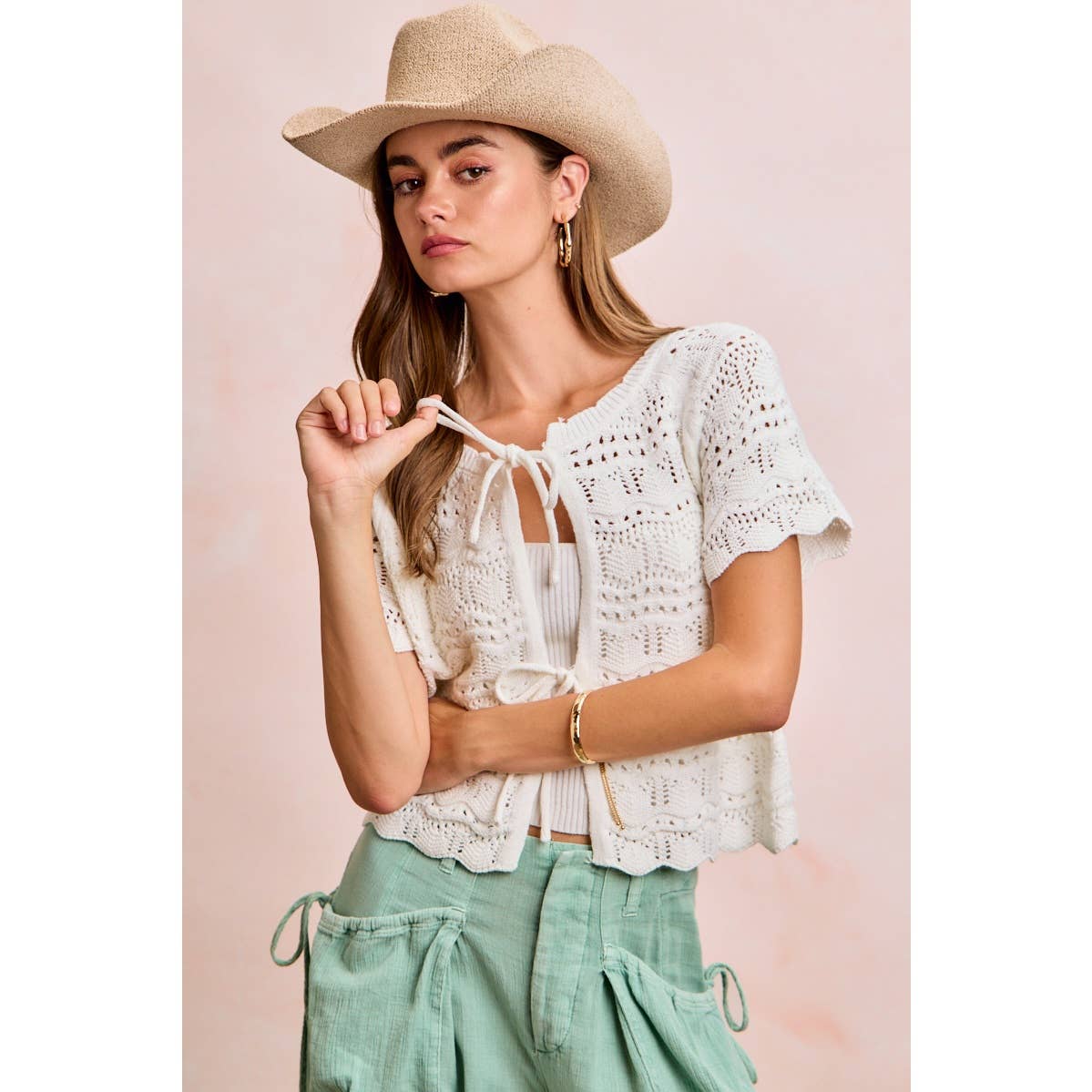 FRONT BOW TIE DETAIL POINTELLE KNIT TOP