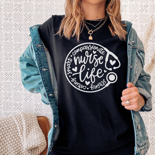 Nurse Life Stethoscope Black Tee White Ink