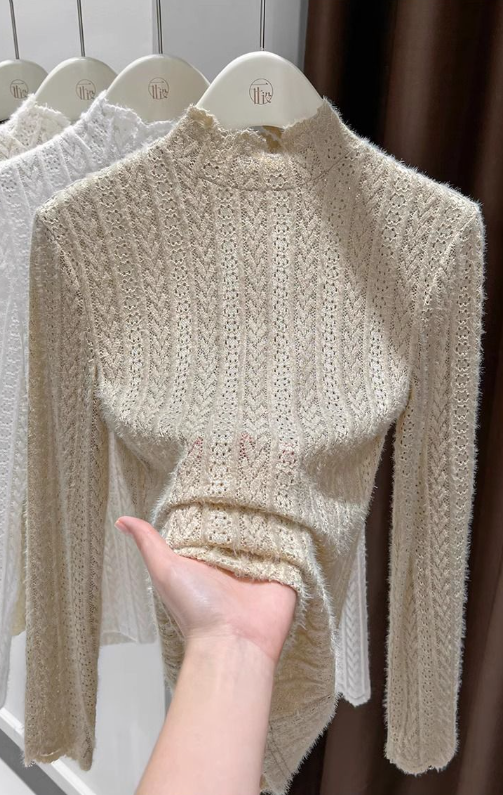 Soft knit Fluffy Texture Lace High neck Layering Top