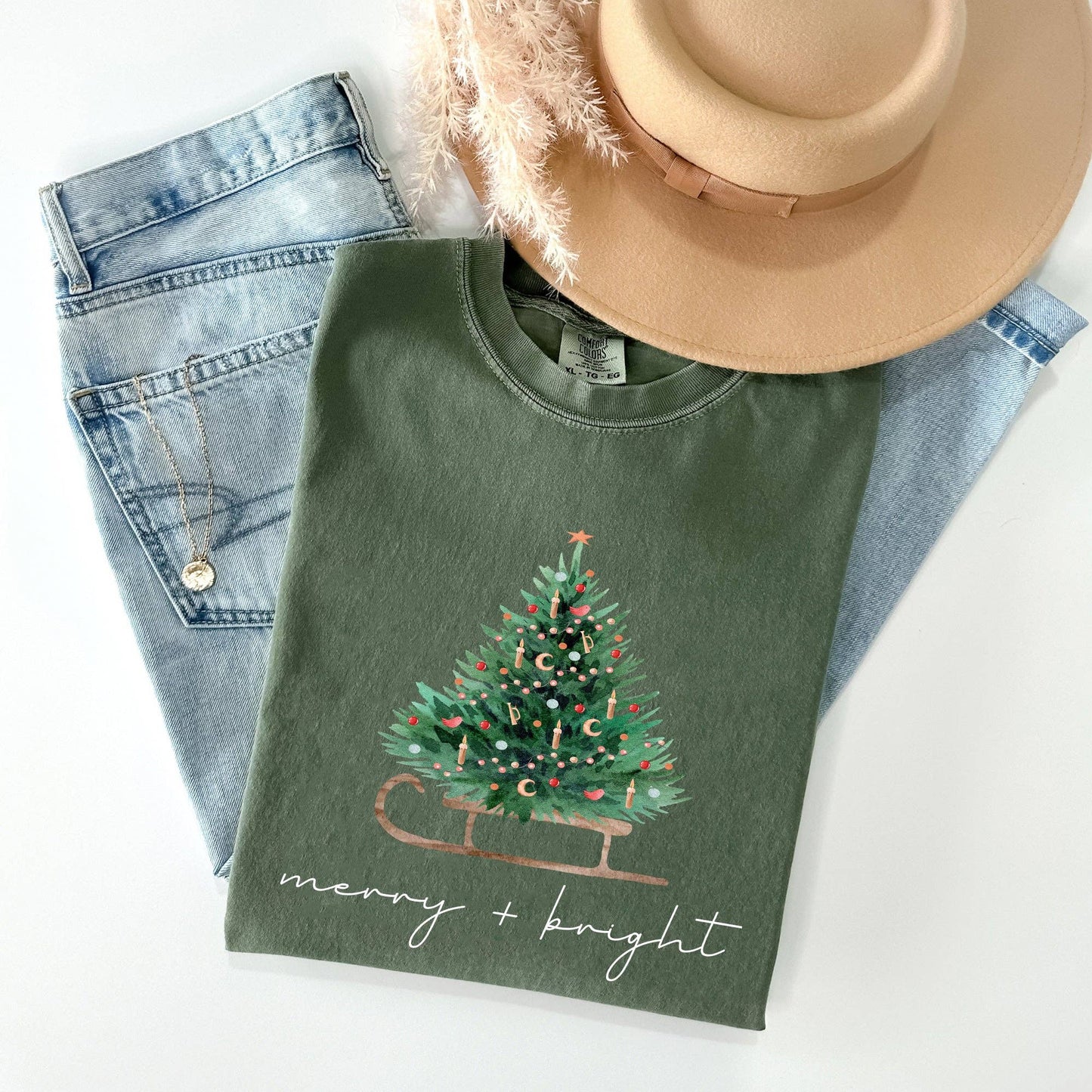 Merry and Bright, Sleigh, Christmas Tree, Snow, Xmas Tshirt