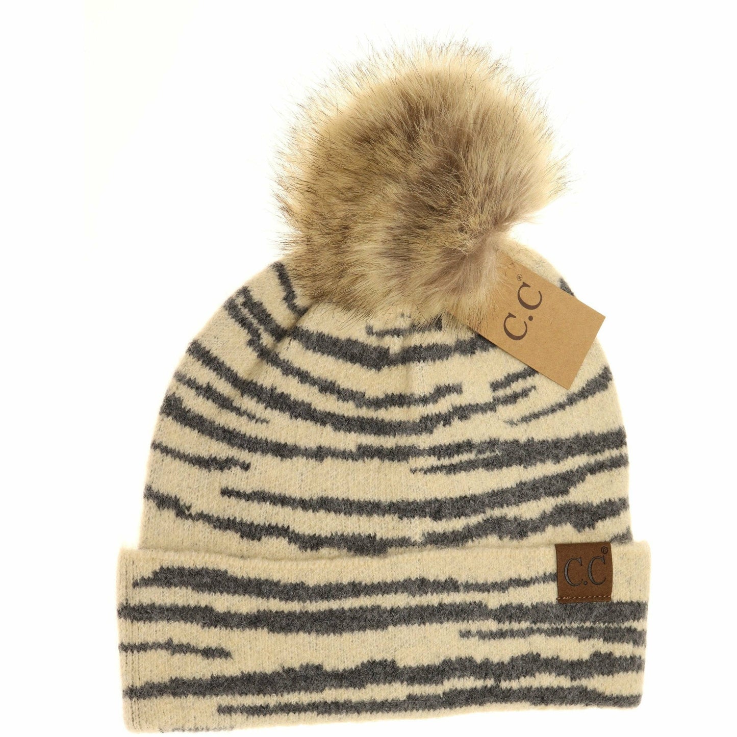 Zebra Pattern Faux Fur Pom Beanie HAT3607