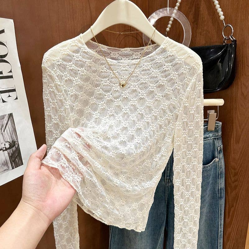 Sheer Mesh Diamond Floral Lace Layering Fitted Crew Top
