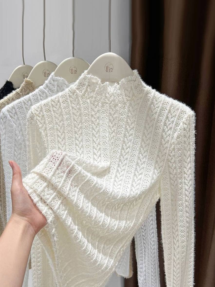 Soft knit Fluffy Texture Lace High neck Layering Top