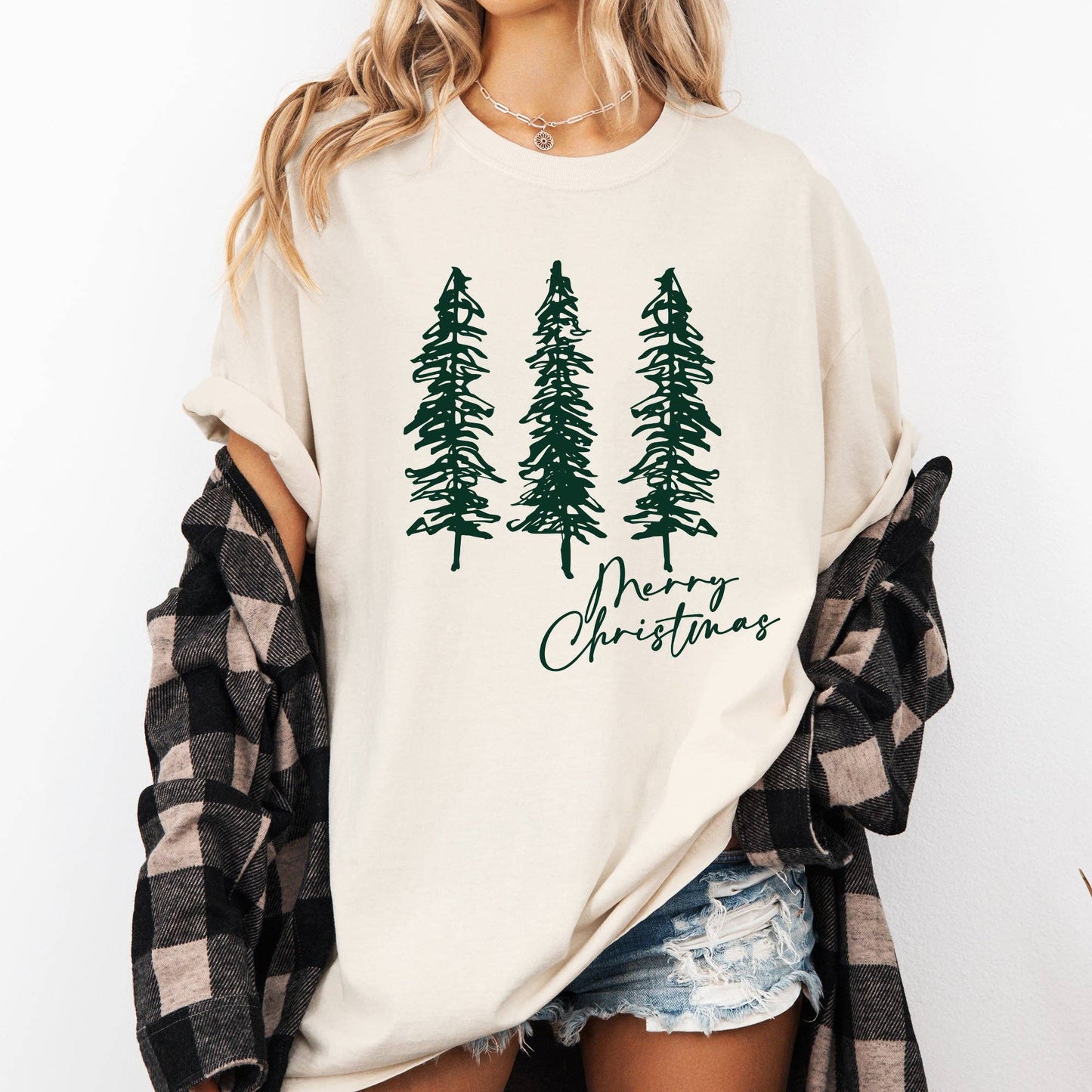 Merry Christmas, Sketched Pine Trees, Minimalist Xmas Tshirt