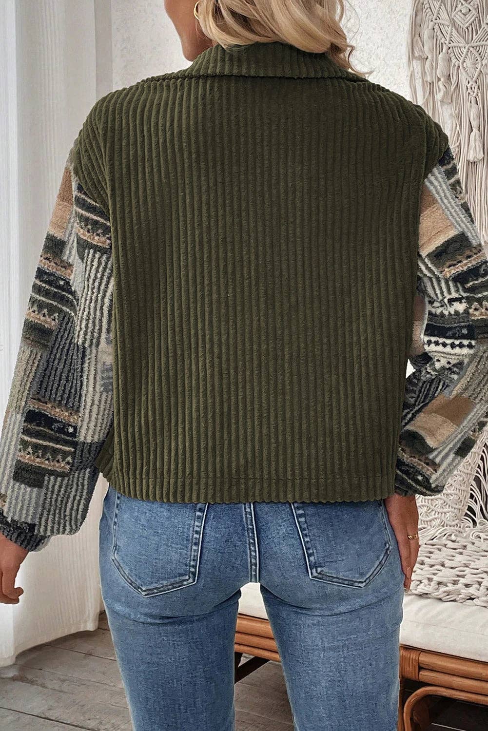 Jungle Green Ribbed Fleece Plaid Print Patchwork Button Up Jacket