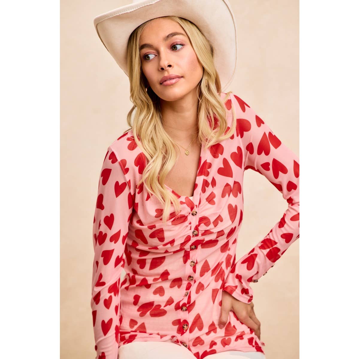 HEART PRINTED MESH TOP WITH BUTTON UP V NECK