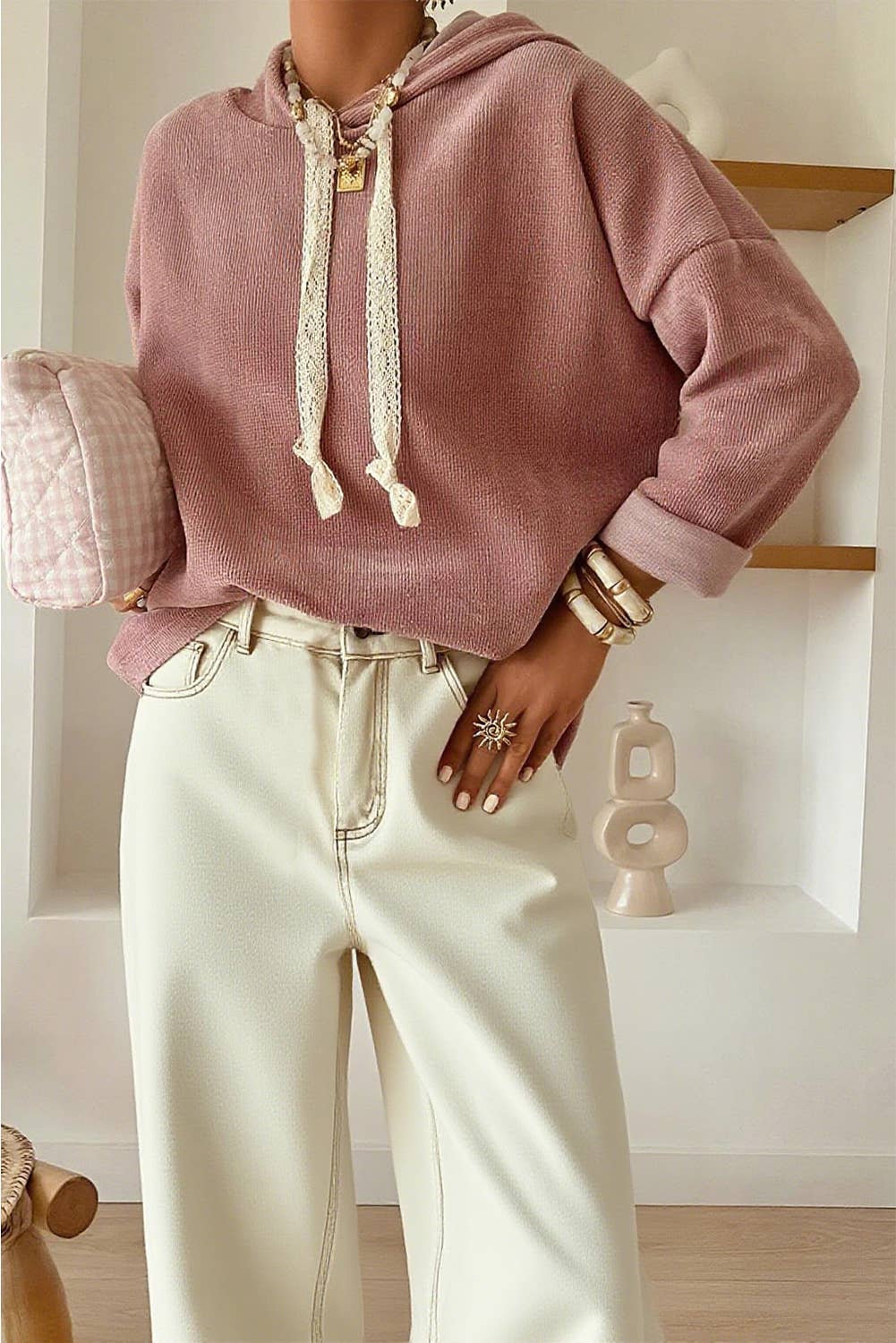 Thermal Textured Lace/Leopard Drawstring Baggy Hoodie