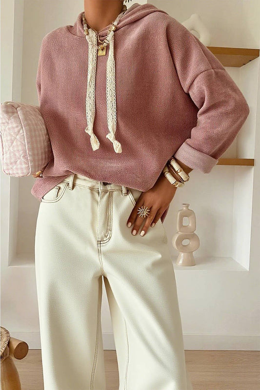 Thermal Textured Lace/Leopard Drawstring Baggy Hoodie