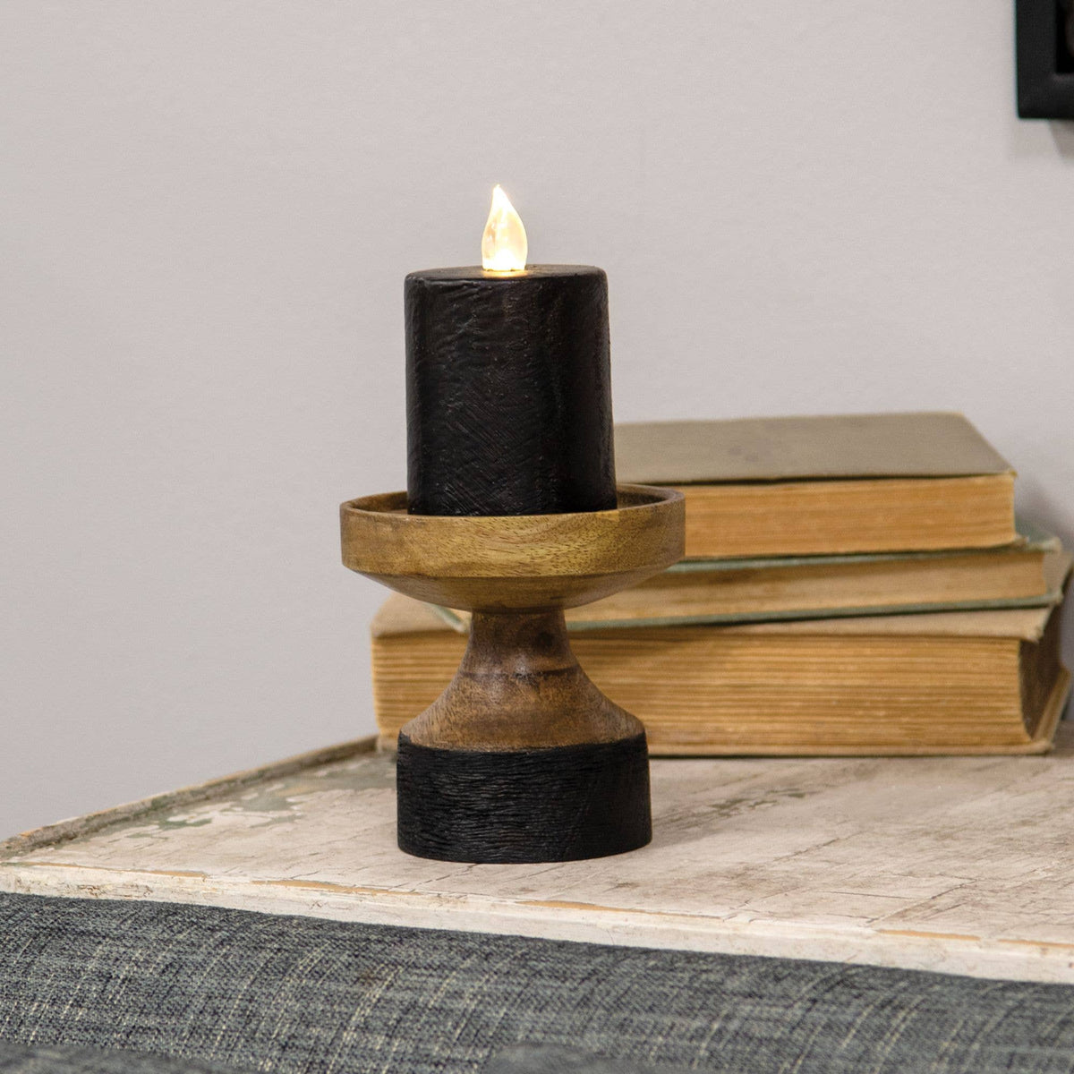 Black & Wood Pillar Candle Holder, 4.25"