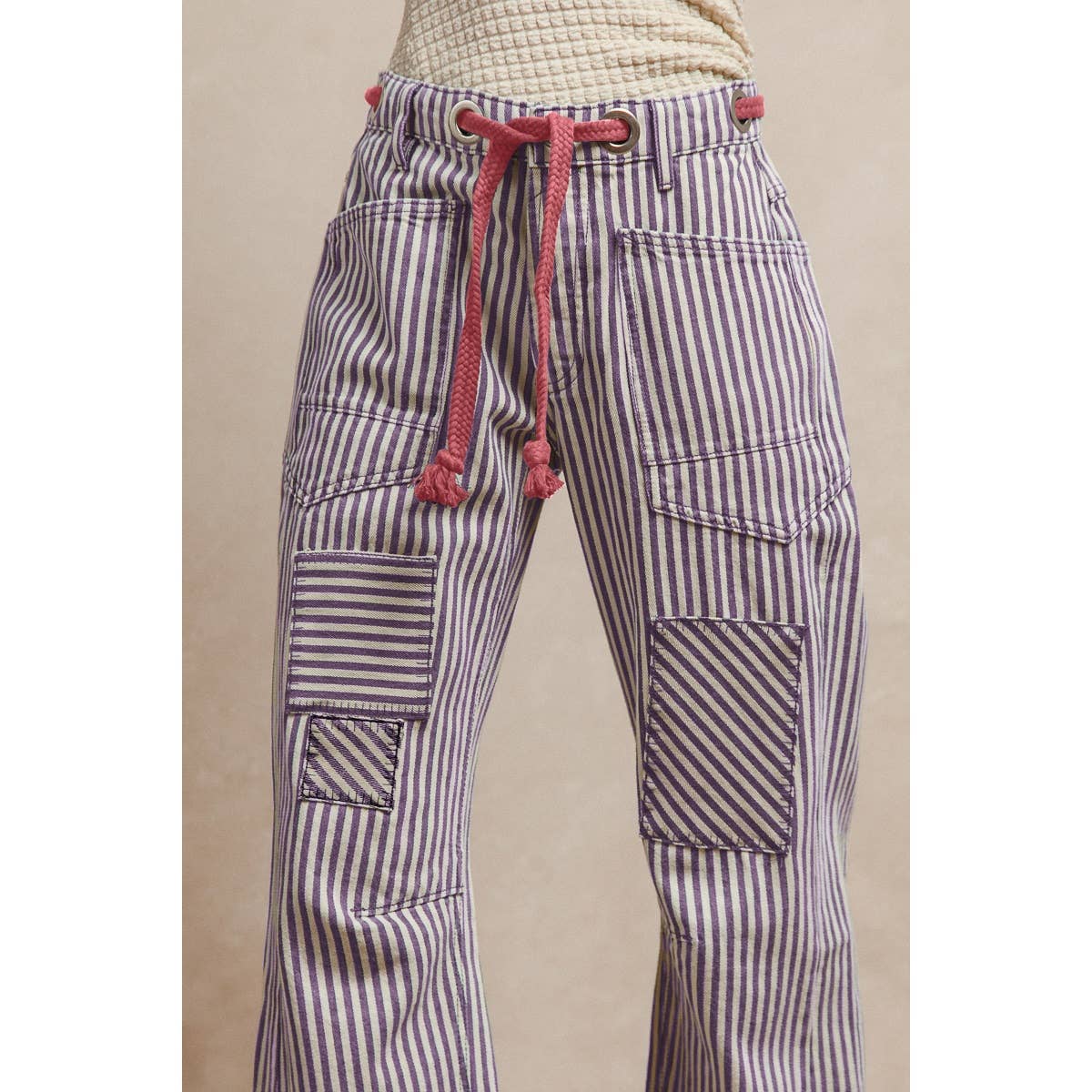 STRIPED TWILL BARREL PANTS