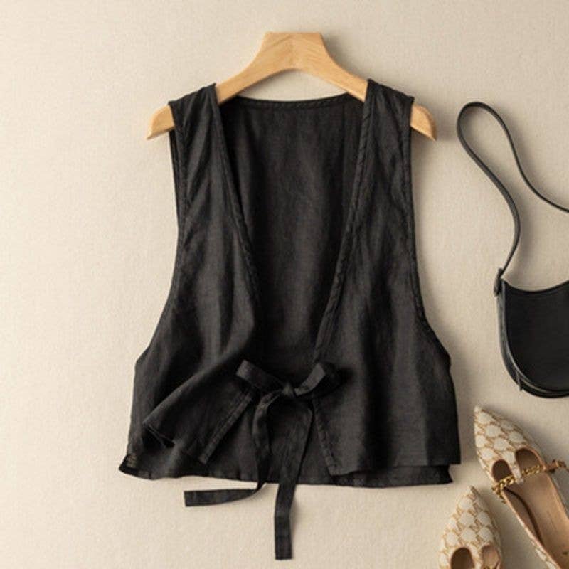 Lightweight cotton blend tie-front cardigan vest