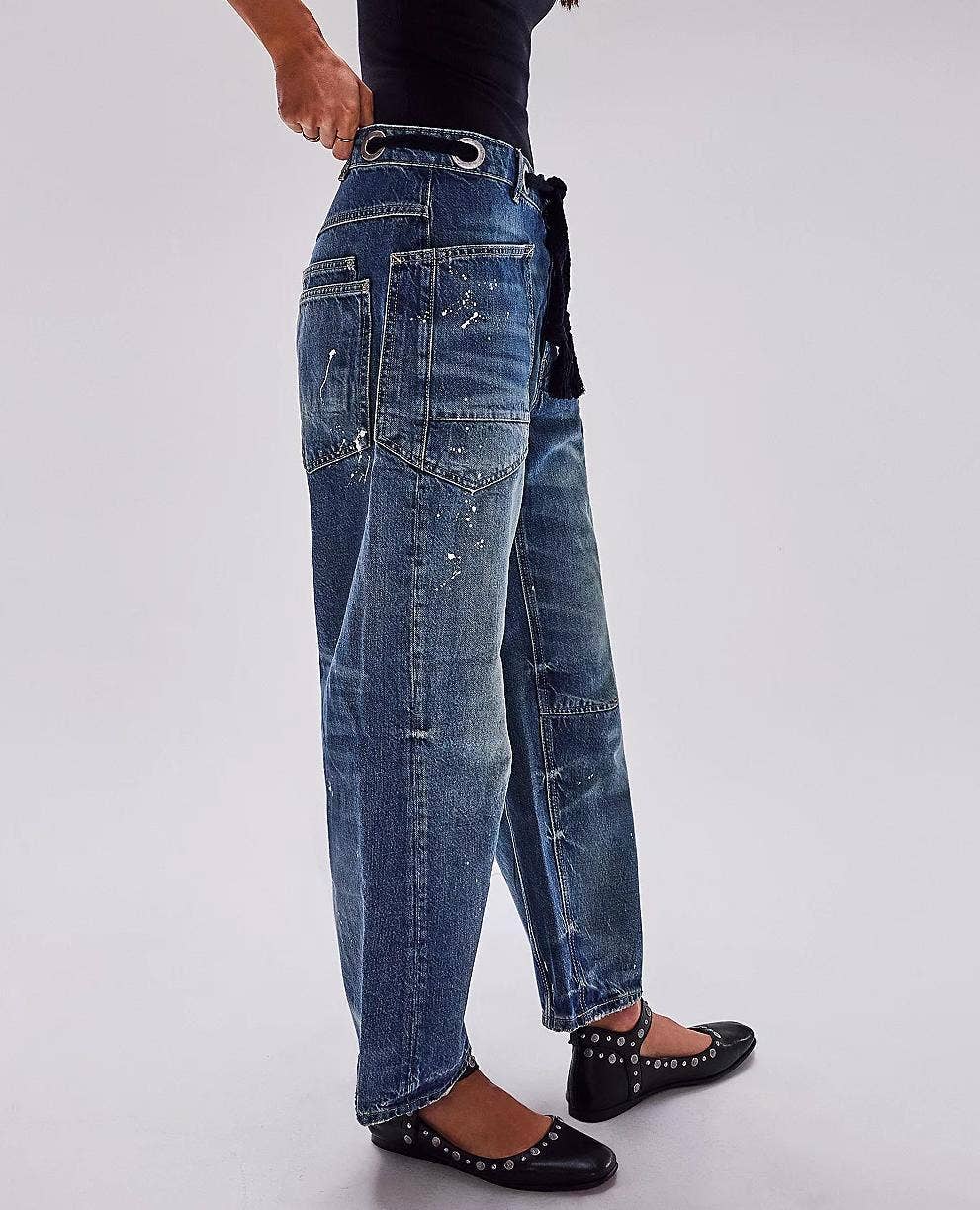 Western chic drawstring patchwork wide-leg jeans