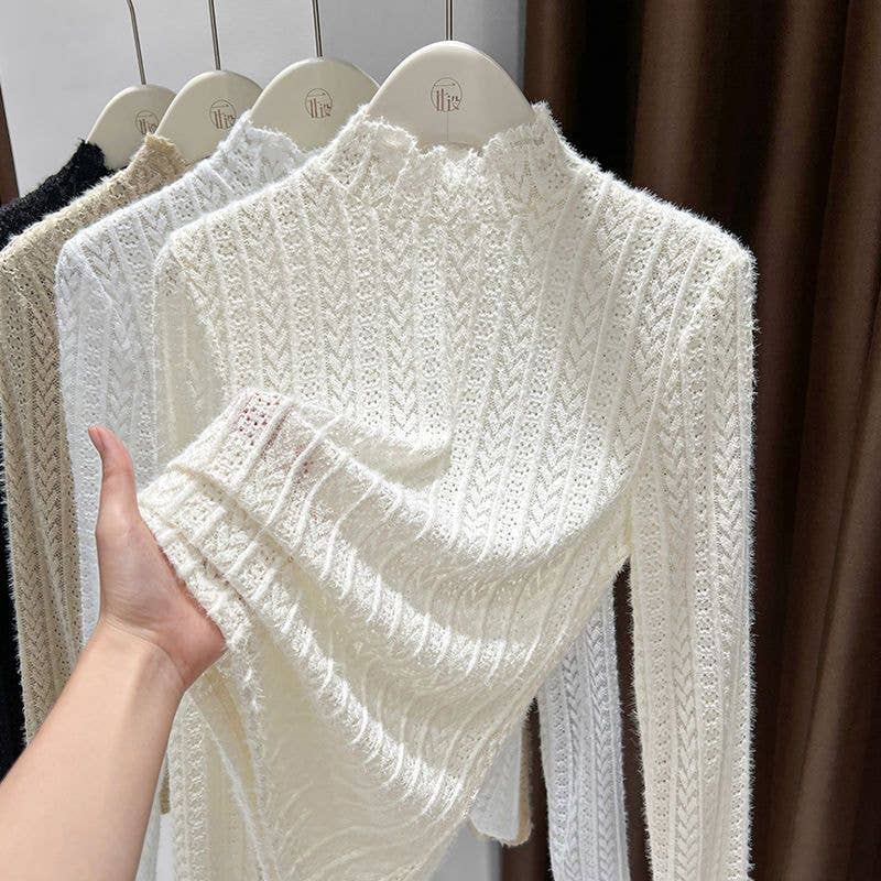 Soft knit Fluffy Texture Lace High neck Layering Top