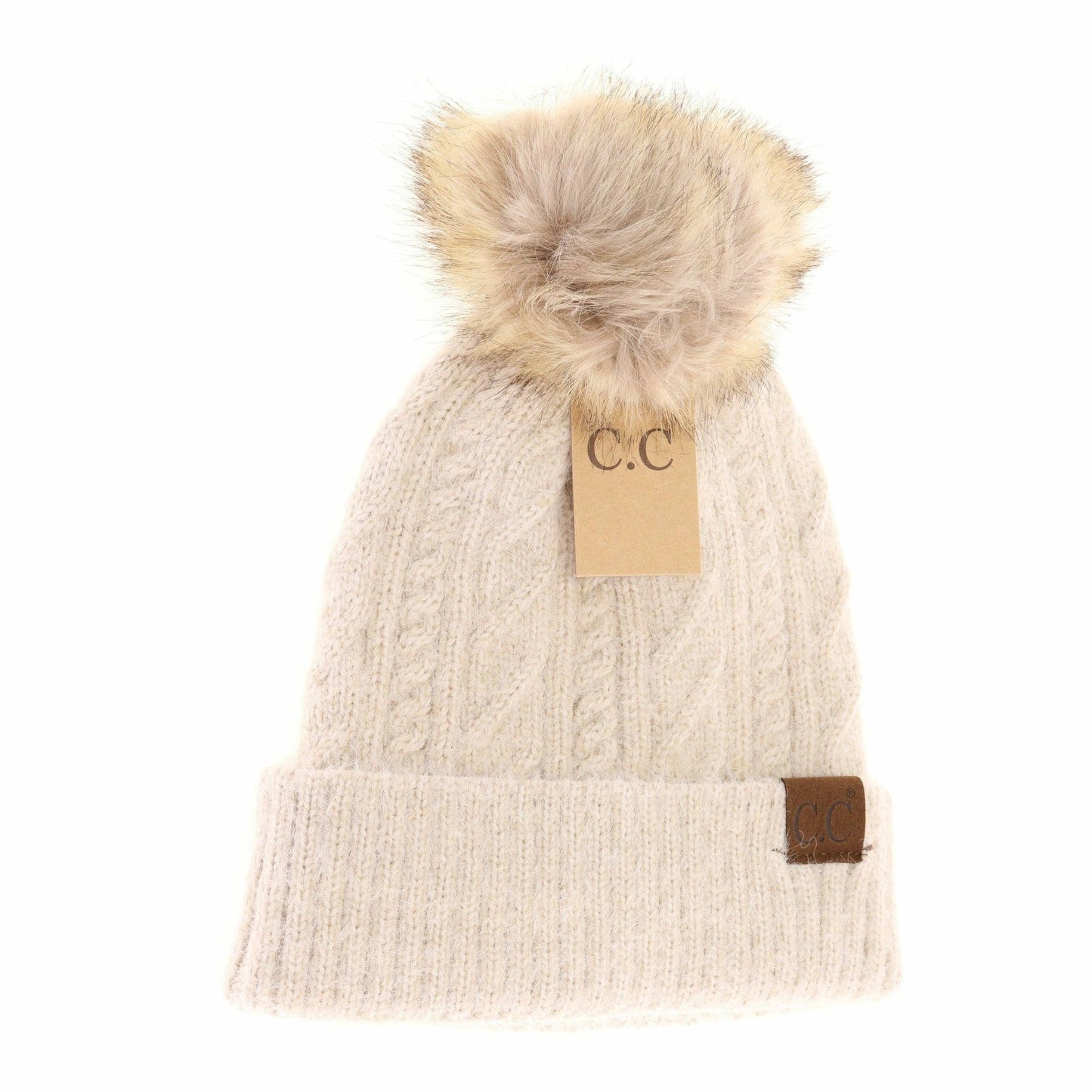 Soft Cuff Cable Knit Fur Pom C.C Beanie HAT2087