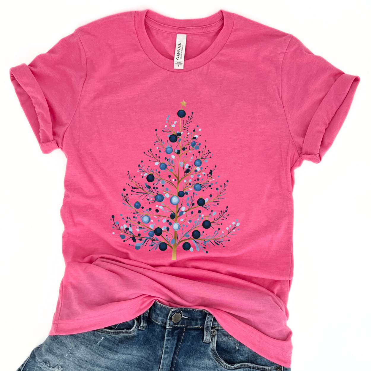 Blue whimsical Christmas tree women's graphic t-shirt